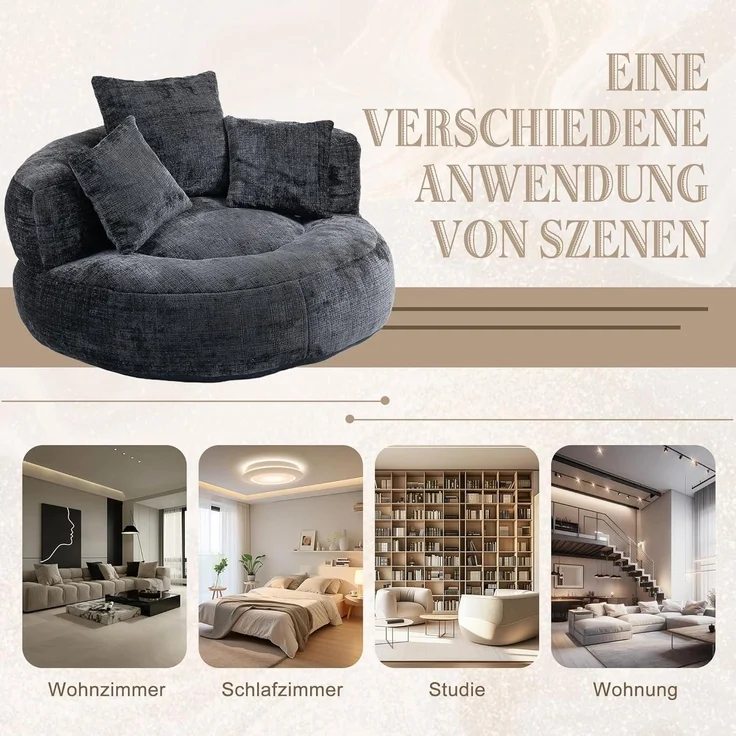 Lazy Sofa Sitzsack Couch Lounger 3 Kissen Wohnzimmer Schwarz – Bild 7