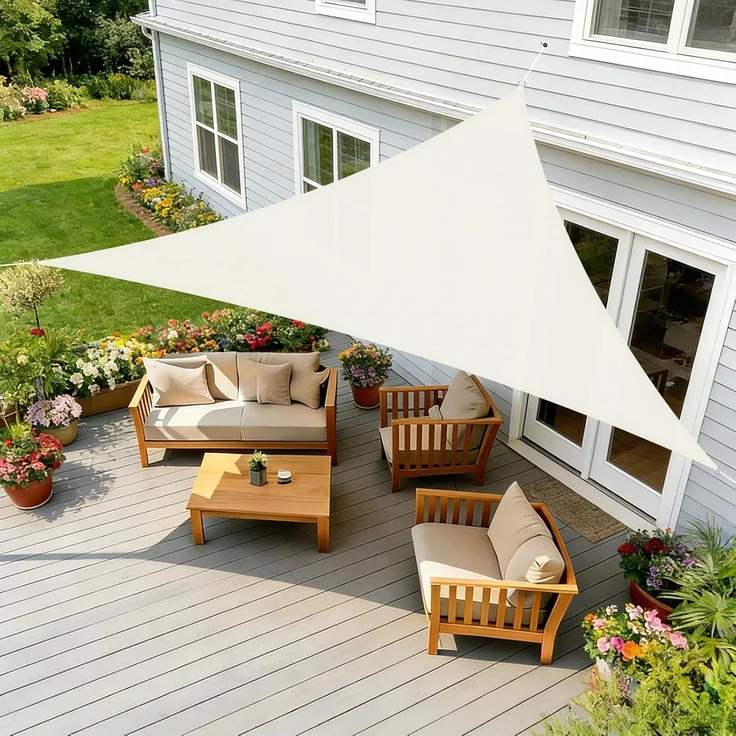 HENG FENG Sonnensegel Wasserdicht Dreieckig 5 x 5 x 5 m,Sonnenschutz Wetterfest PES Polyester,Windschutz Wasserabweisend mit 95% UV-Schutz für Balkon Garten Terrasse,Beige