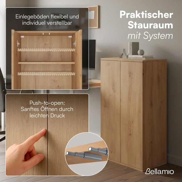 Bellamio 'Ais' Mehrzweckschrank, Eichenoptik, 110x33x60 cm, kleiner Aktenschrank mit 3 Fächern, Hängeschrank mit Push-to-open – Bild 3