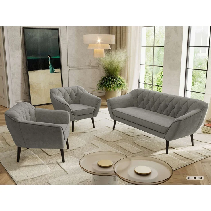 Wohnzimmerset PIRS 1-1-3, Skandinavisches 3-Sitzer Sofa mit Sesseln, Sofa mit Wellenfederung, schwarze Füße, Skandinavisches Möbelset - Grau Stukture – Bild 5
