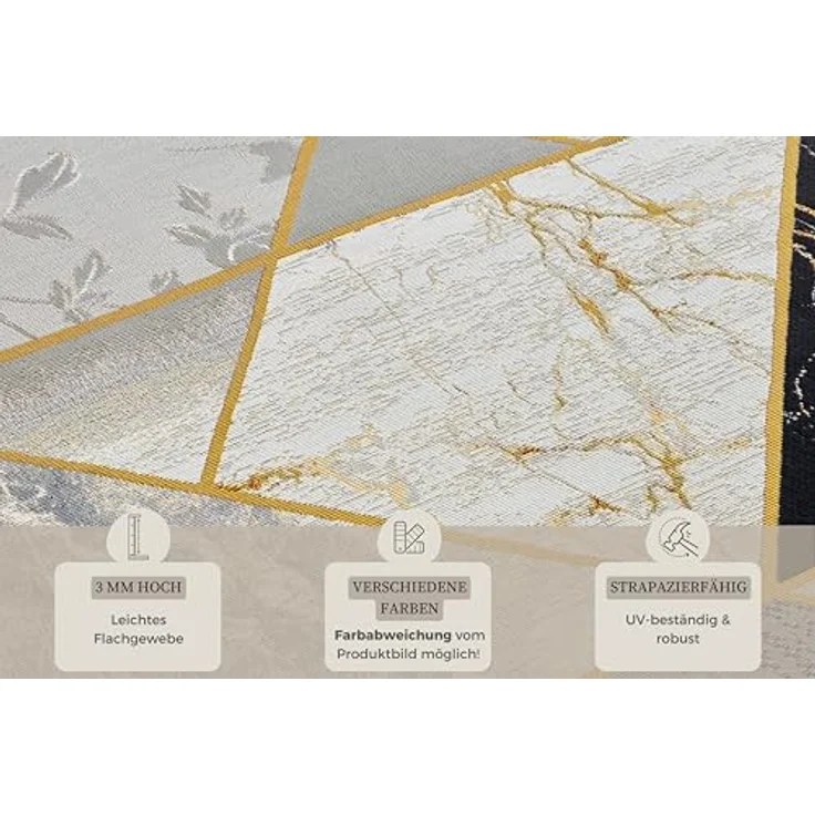 Hanse Home Noble In- & Outdoor Teppich – Flachgewebe Skandi Marmor Optik Geometrisches Muster, ÖKO-TEX Wetterfest & UV-beständig für Wohnzimmer, Balkon, Terrasse, Garten – Schwarz Grau Gold, 200x285 cm – Bild 4