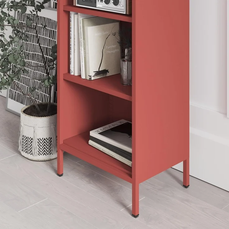 Jan Nowak Bücherregal Metall - Mario | Stabiles Regal Industrial mit 4 höhenverstellbaren Einlegeböden (4x30 kg) und Wandmontage | Hochregal Glitzernd, Regal Schmal | 50 x 180 x 35 cm | Rot – Bild 2