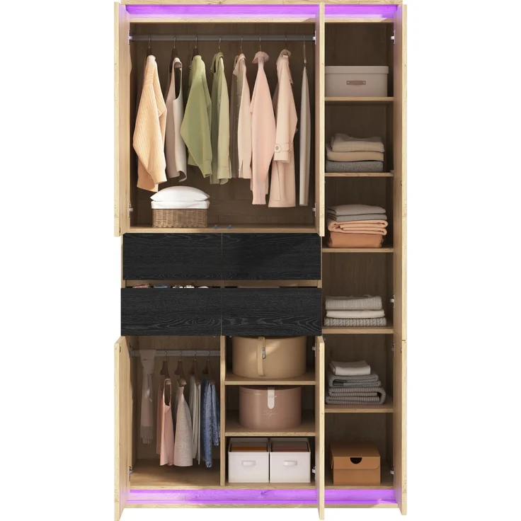 Drehtürenschrank 110 x 47 x 200 cm aus MDF in Eiche-Optik mit Spiegel und LED-Beleuchtung – Bild 5