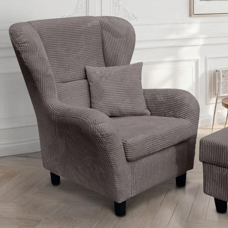 Ohrensessel mit Hocker Landhausstil Polster-TV-Lesesessel mit Cordstoff in Grau – Bild 3
