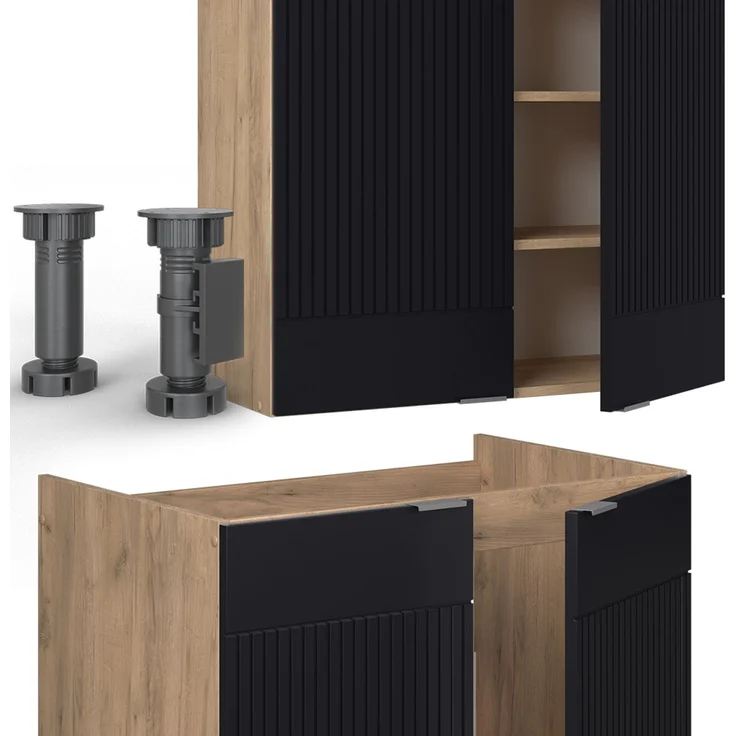 Küchenzeile Fame-Line Schwarz gestreift/Goldkraft Eiche 235 cm ohne Arbeitsplatte Vicco – Bild 5