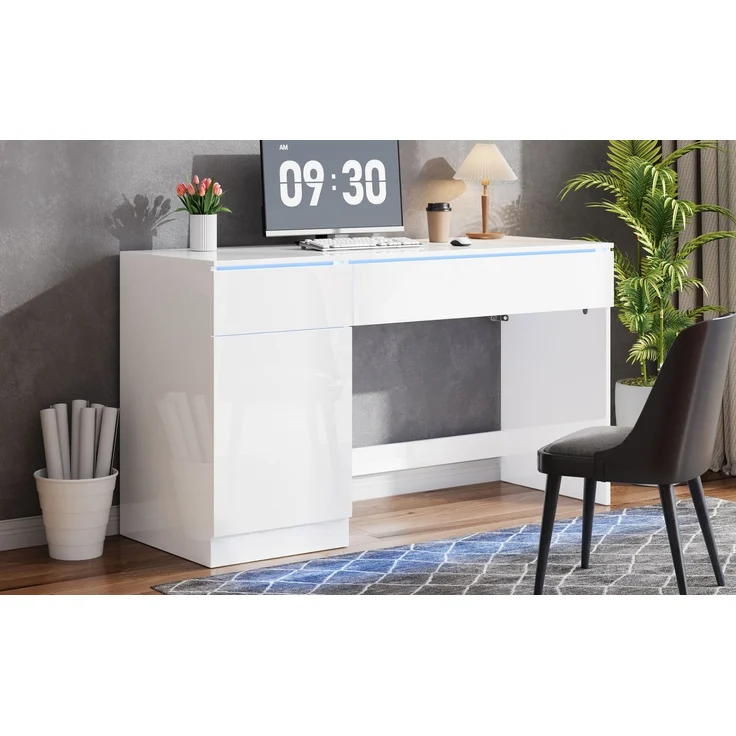ZUBALIYA Hochglanz Schreibtisch 120 x 50 cm mit LED-Beleuchtung, 2 Schubladen & 1 Tür, großer Computertisch und Schminktisch, Moderner Arbeitsplatz für Homeoffice und Schlafzimmer – Bild 14