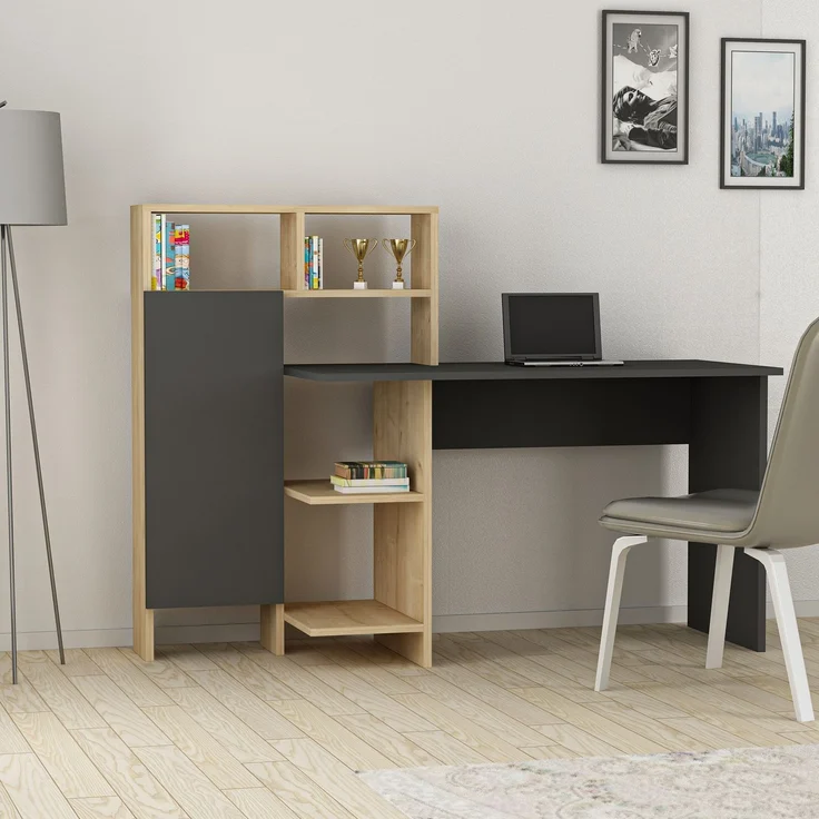 Skye Decor 'Bugra - Anthracite' Schreibtisch, Anthrazit / Eiche, 135,9 x 111,8 x 60 cm – Bild 1