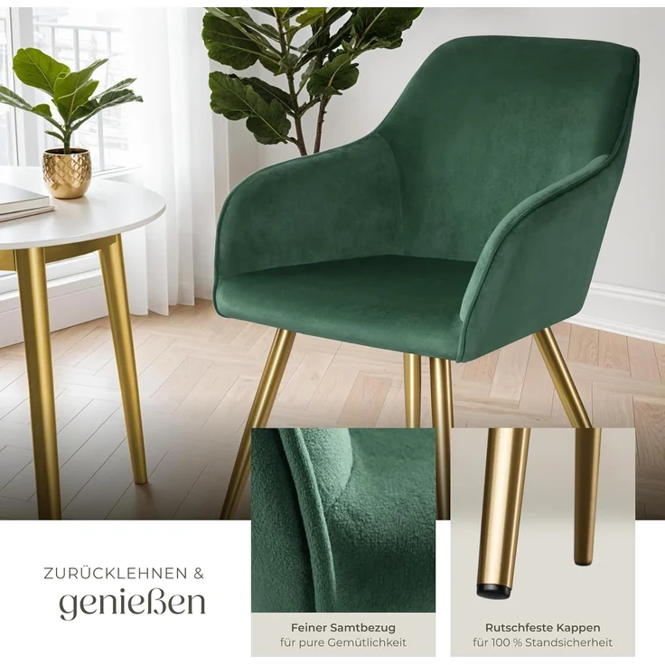 tectake®4er Set Esszimmerstuhl, Sessel bequem mit Armlehne, Polsterstuhl, Samtstoff Cocktailsessel, Loungesessel für Wohnzimmer, Esszimmer, Moderne Küchenstühle, Bürostuhl - dunkelgrün/Gold – Bild 6