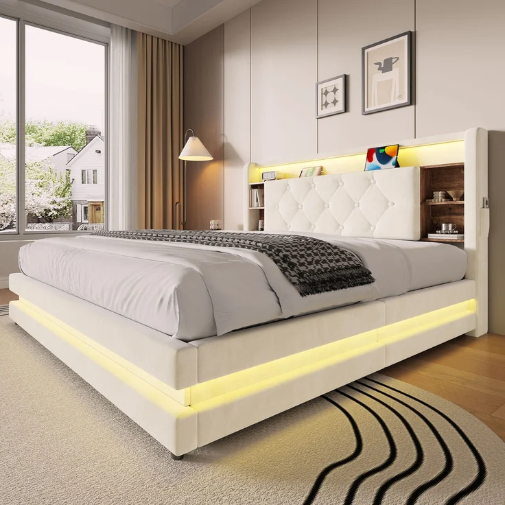 TavilaEcon Boxspringbett Samtbett, Polsterbett mit LED-Beleuchtung & USB-Ladefunktion beige Liegefläche 140 × 200 cm – Bild 8