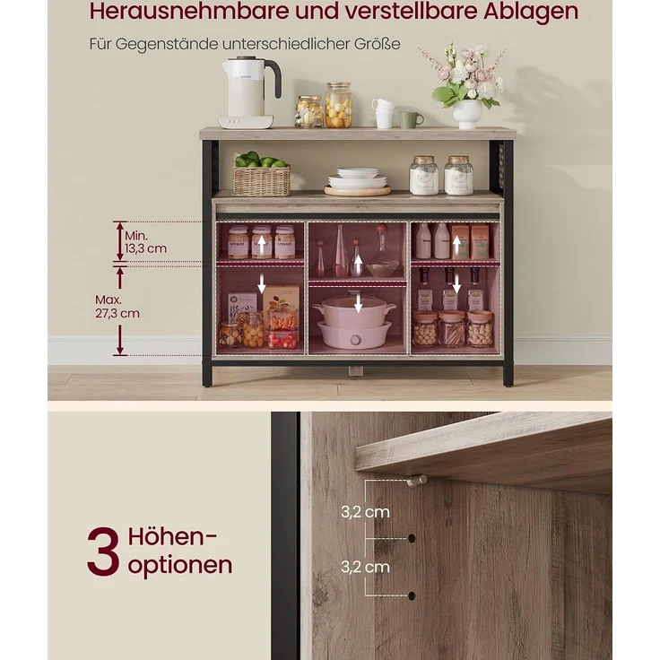 Vasagle Sideboard mit 2 Schiebetüren und verstellbaren Ablagen, Spanplatte, 33 x 100 x 80 cm, Greige / Schwarz – Bild 5