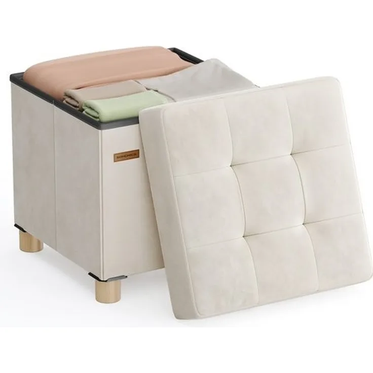 SONGMICS Sitzhocker mit Stauraum, Hocker faltbar, 38 x 38 x 40 cm, Aufbewahrungsbox mit Deckel, Fußhocker 37 L, Samt, bis 300 kg belastbar
