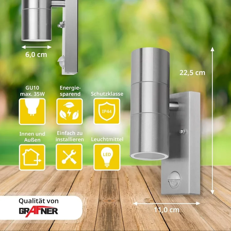 Grafner Außen-Wandleuchte Wandlampe mit Bewegungsmelder Edelstahl Up&Down 26APIR, Bewegungsmelder, ohne Leuchtmittel, Je nach Leuchtmittel – Bild 4