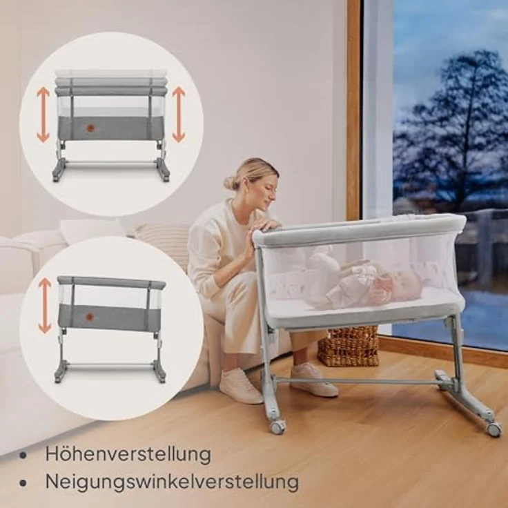 Lionelo Aurora 3 in 1 Babybett bis 9 kg, Beistellbett, Wiege, Höhenverstellug und Einstellung der Neigung der Matratze, 4 Räder mit Bremse Ergonomische Matratze Tasche – Bild 7