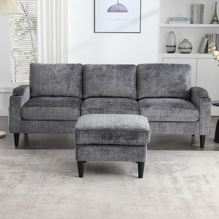 LVHOM Loungesofa mit Hocker & Stauraum, 4-Sitzer, Armlehnen, Getränkehalter, Seitentaschen, weiche Chenille-Stoff, modulare Sofa, Grau – Bild 2