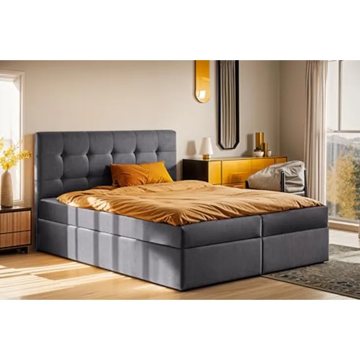 Kaiser Möbel Boxspringbett Ludano, mit H2-Pocket-Matratze und Bettkasten, Stoff Noel Dunkelgrau, 200x200 cm