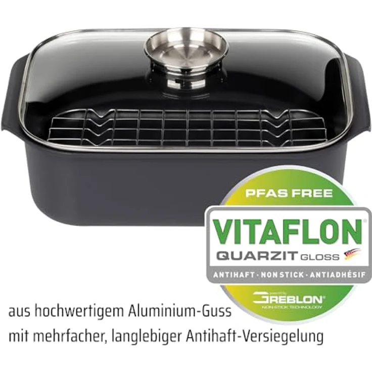 GSW Rechteckbräter Gourmet mit Aroma-Glasdeckel und Grilleinsatz, Aluguss, Induktionsfähig, Schwarz, ø ca. 40x26 x H 11cm – Bild 4