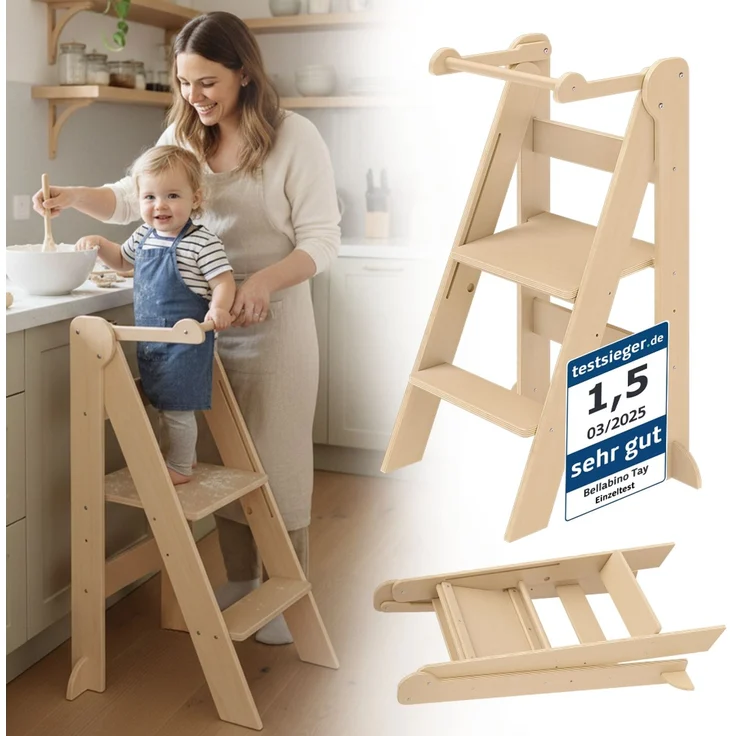 Bellabino 'Tay' Lernturm für Kinder ab 1 Jahr, Tritt 2-fach höhenverstellbar, natur, Birke Sperrholz, klappbar, Tritthocker bis 50 kg belastbar – Bild 1
