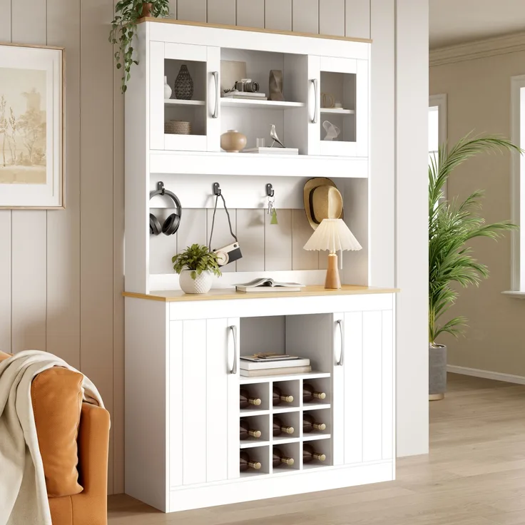 EINHOM Küchenbuffet Buffetschrank mit Aufsatz 175 cm, Küchenschrank mit Glastüren, Weinregal und Hakenleiste, Großer Geschirrschrank Vorratsschrank Küchenschrank für Küche Esszimmer Wohnzimmer