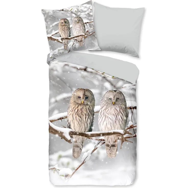 ESPiCO Bettwäsche Trendy Bedding Schneeeulen Grau Flanell 135 x 200 + 80 x 80 cm