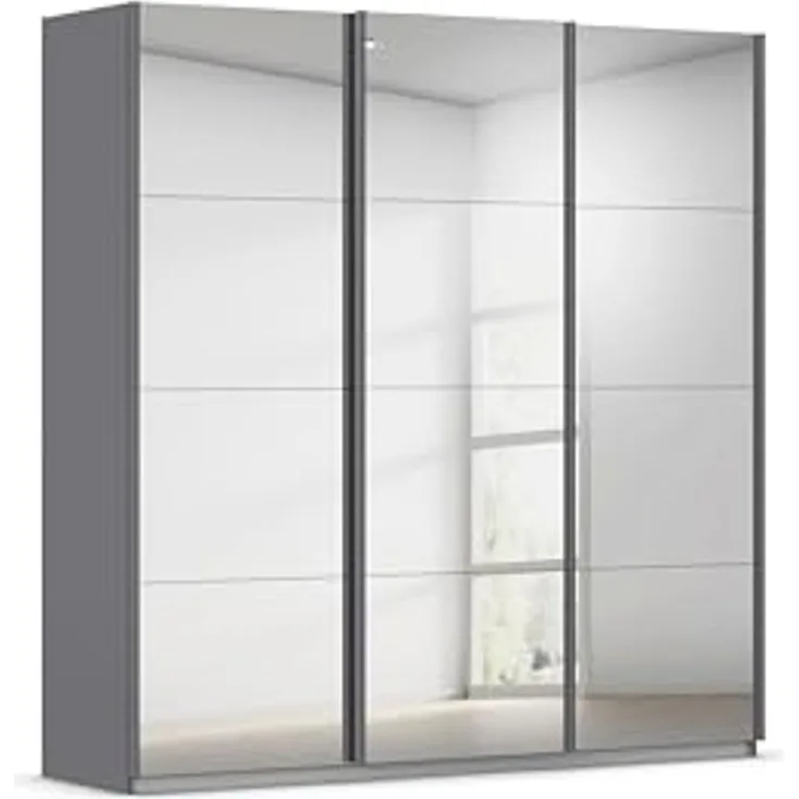 Rauch Möbel Kulmbach, Kleiderschrank mit Schwebetüren für Schlafzimmer, Kinderzimmer, Jugendzimmer, Garderobe, Flur, 3-türig, mit Spiegel, Zubehör Basic, Farbe Grau metallic, Schwarz, Breite 203 cm