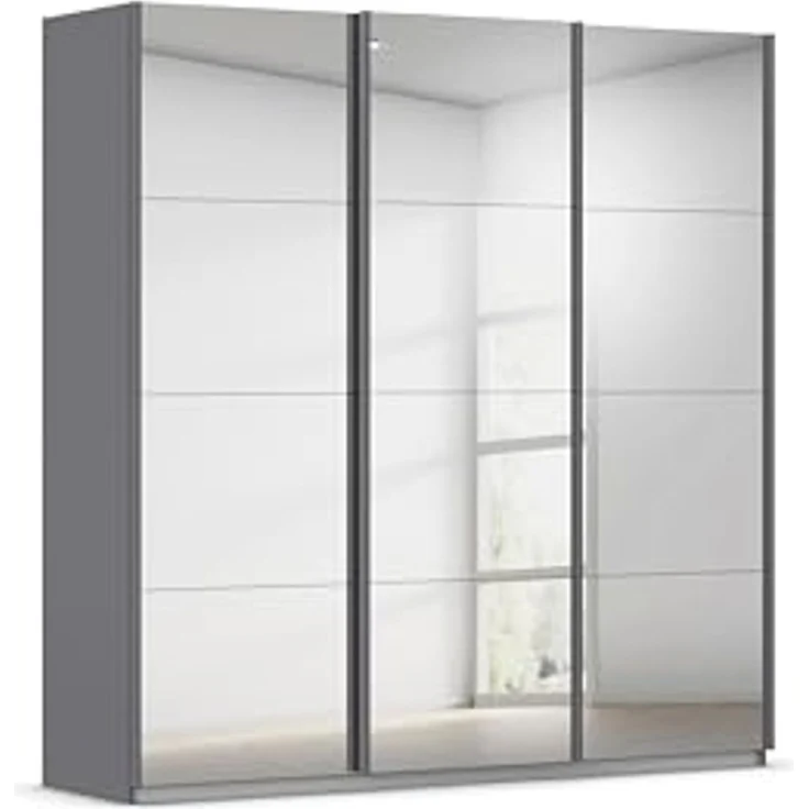 Rauch Möbel Kulmbach, Kleiderschrank mit Schwebetüren für Schlafzimmer, Kinderzimmer, Jugendzimmer, Garderobe, Flur, 3-türig, mit Spiegel, Zubehör Basic, Farbe Grau metallic, Schwarz, Breite 203 cm – Bild 1