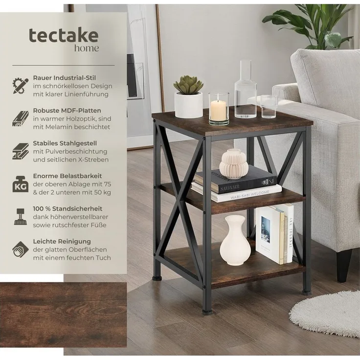 tectake Beistelltisch Nottingham (1-St, 1 tlg), Quadratischer Beistelltisch im angesagten Industrial Look