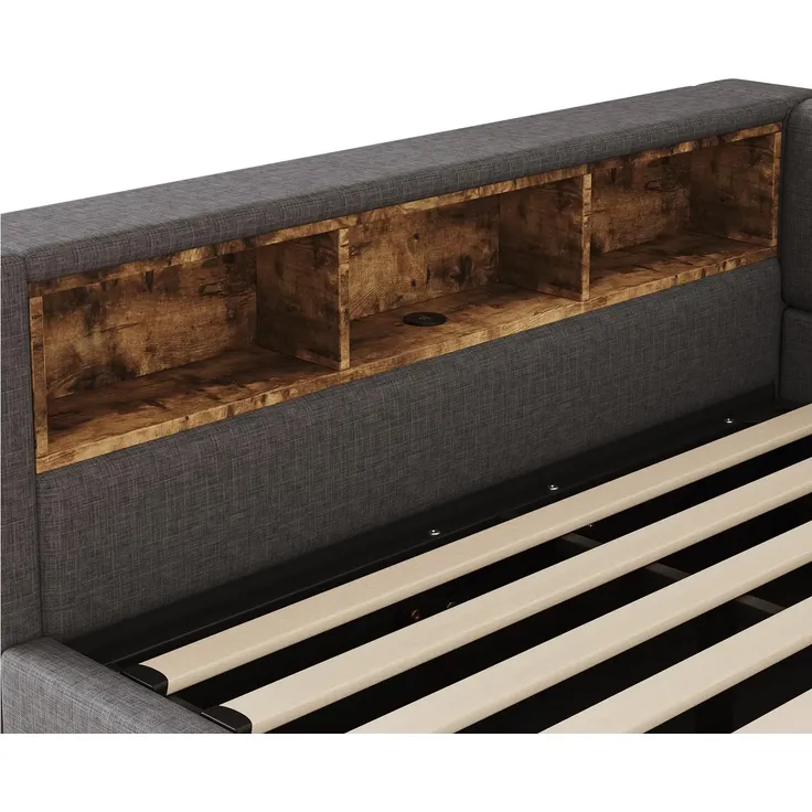 Schlafsofa mit LED-Streifen, Lattenrost, Regal, Rückenlehne, Aufbewahrung, Type-C und USB, 140x200 cm, Polsterbett, Stauraumbett, Tagesbett, Leinen – Bild 8