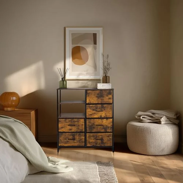 hjh LIVING Kommode mit 6 Schubladen, 2 offene Fächer RAGALA 84 x 30 x 92 cm Regalsystem Sideboard für Wohnzimmer Schlafzimmer Flur, Räuchereiche – Bild 3