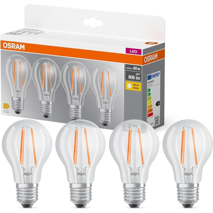 OSRAM LED BASE A60, Vorteilspack mit 4 Leuchtmittel, ersetzt herkömmliche 60W Glühbirnen, 6.5W, warmweiß (2700K), Filament Glas, nicht dimmbar, Birnenform, E27
