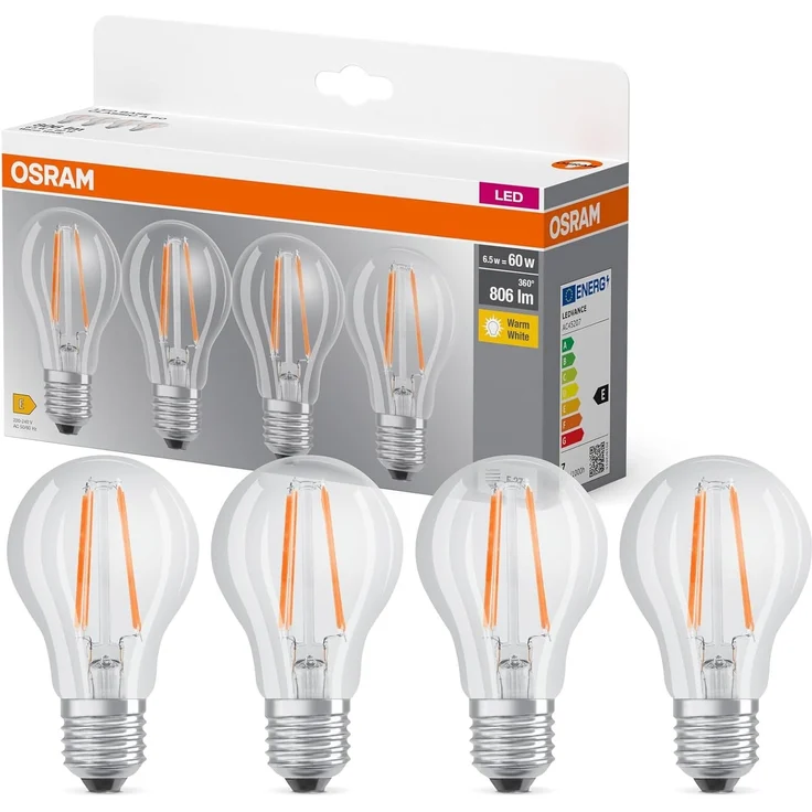 OSRAM LED BASE A60, Vorteilspack mit 4 Leuchtmittel, ersetzt herkömmliche 60W Glühbirnen, 6.5W, warmweiß (2700K), Filament Glas, nicht dimmbar, Birnenform, E27