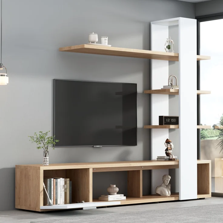 Home Wohnzimmer-Wandschrank, Wohnzimmermöbel-Set 180 x 33,5 x 151,5 cm, geeignet für Fernseher unter 60 Zoll, modernes Eichenweiß TV-Schrank,Lowboard,TV Wohnwand Set,Wohnzimmer Möbel Set--Weiß, Holz--180x33.5x151.5cm--YOUDENOVA – Bild 9