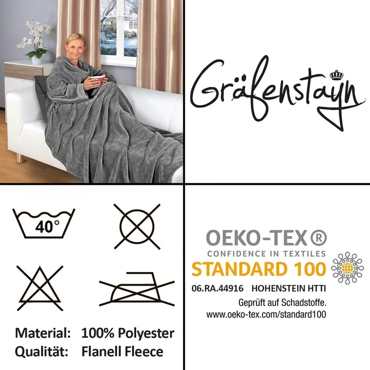 Wohndecke Kuscheldecke Arm (V), Gräfenstayn, warme Ärmeldecke - TV Decke zum Anziehen - 200x150 cm grau – Bild 6