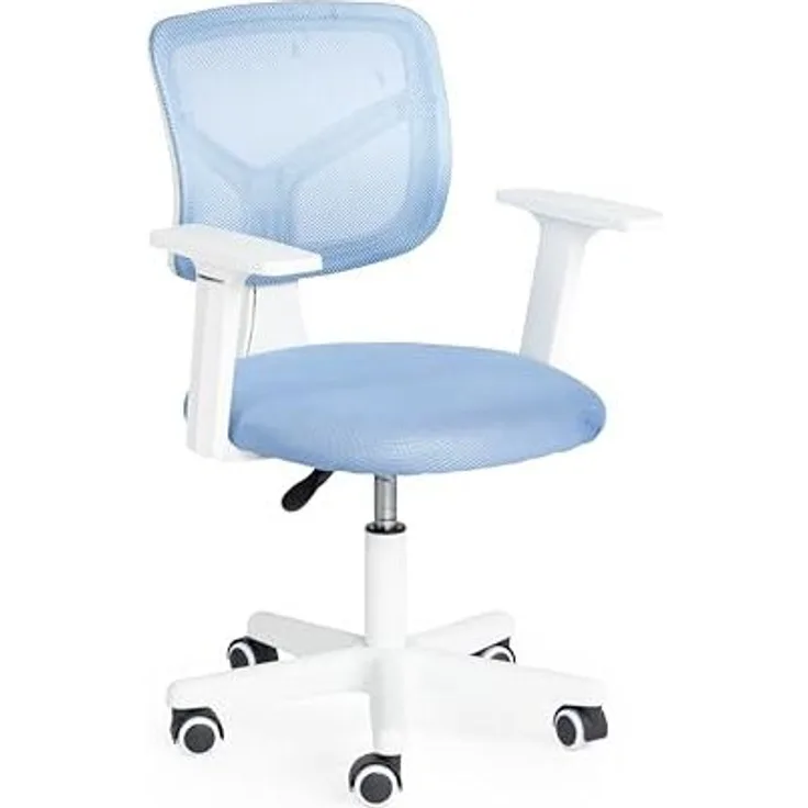 FurnitureR Kinder-Schreibtischstuhl mit Armlehnen, Höhenverstellbar 38.5–50.5cm, Atmungsaktive Netzlehne, 360° Drehbar, 5 Rollen – Ergonomischer Lernstuhl für Kinderzimmer & Schule, Blau