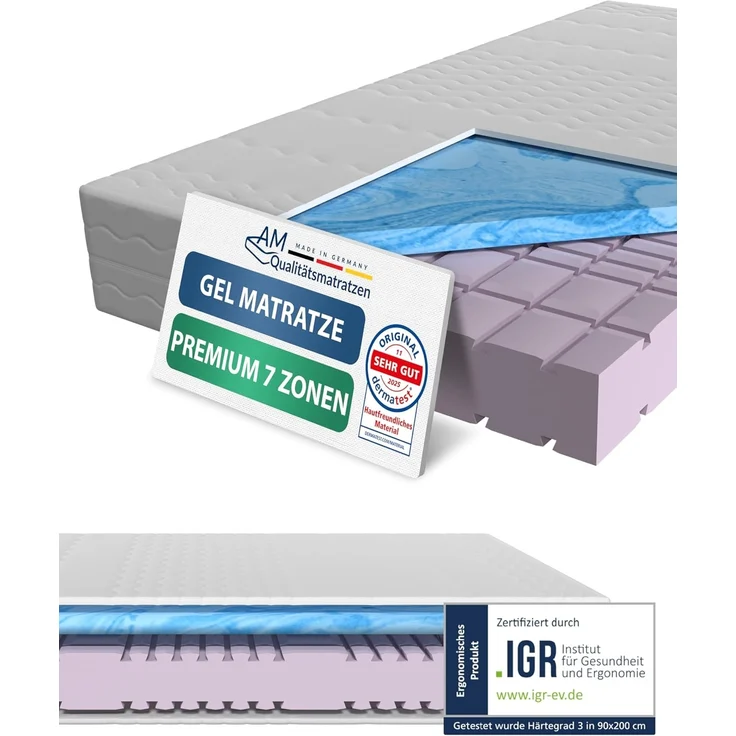 AM Qualitätsmatratzen - Premium-Gelschaum-Matratze 140x200 cm H3 -Hochwertige Matratze mit 6cm Gelschaum-Auflage - 24cm Höhe - Made in Germany - 140x200