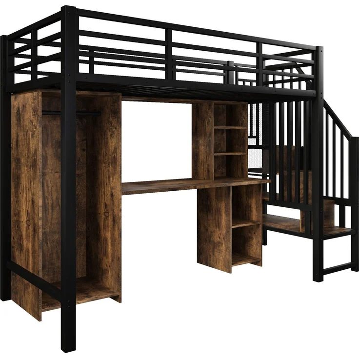 Hochbett mit Schreibtisch, Bücherregal, Kleiderschrank und Rausfallschutz, 90x200cm, Treppe mit Regal, Kinderbett, Metallbett – Bild 9