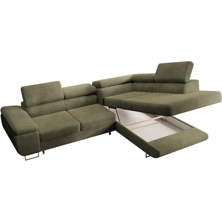 Selsey STEVIL - Ecksofa L-Sofa mit Schlaffunktion, Bettkasten, Ottomane rechts, Cordbezug Olivgrün – Bild 7