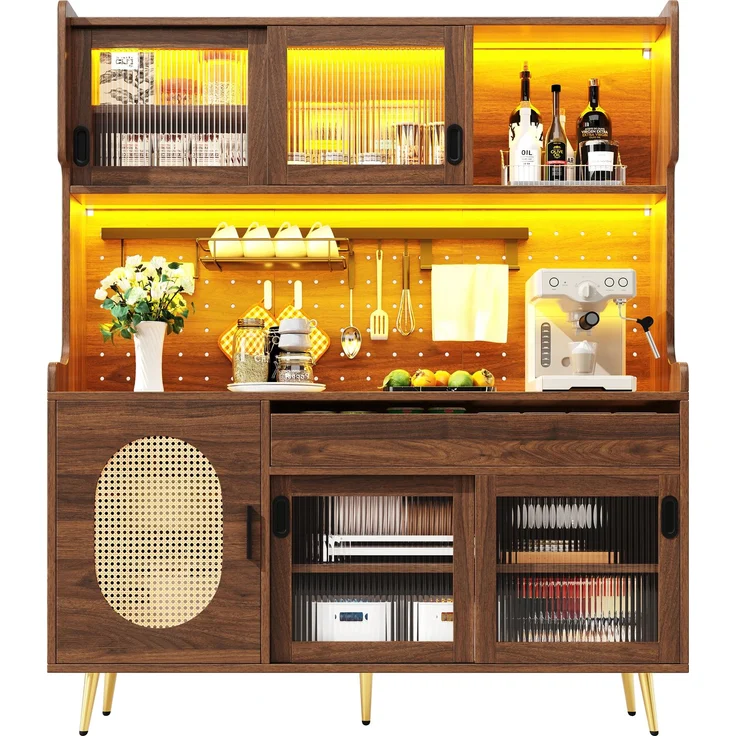 Seitenboard / Aufbewahrungsschrank / Küchenschrank / Buffetschrank, 145x39x171cm, Landhausstil, 5 Türen, mit LED-Lichtleiste & Ordnungslockplatte, Fluted Glas Türen, Braun/Schwarz--Braun--145x39x171cm--YOUDENOVA – Bild 9