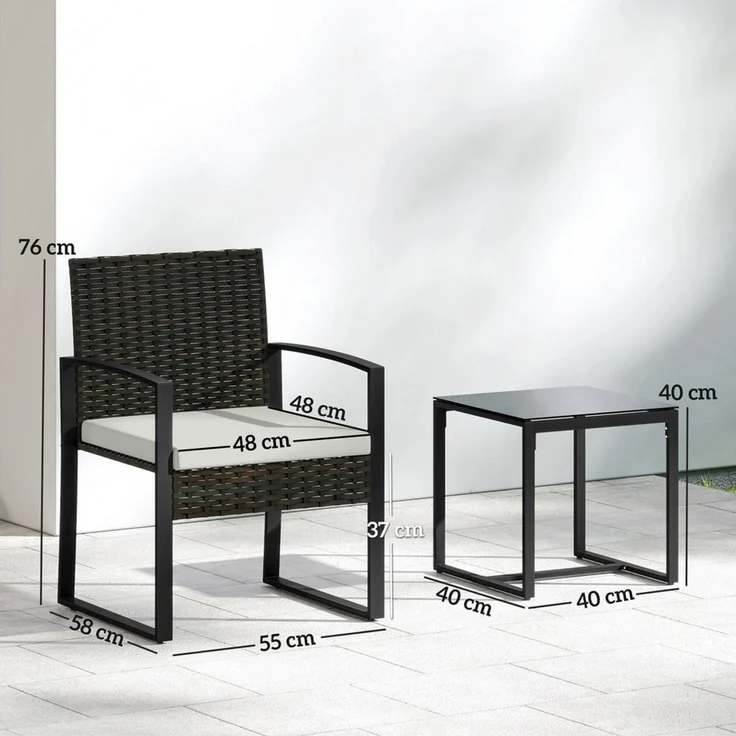 Outsunny Sitzgruppe mit 2 Gartenstühlen, Couchtisch, abnehmbar Kissen, (Gartenmöbel-Set, 3-tlg, Bistroset), für Garten, Terrasse, Cremeweiß – Bild 3