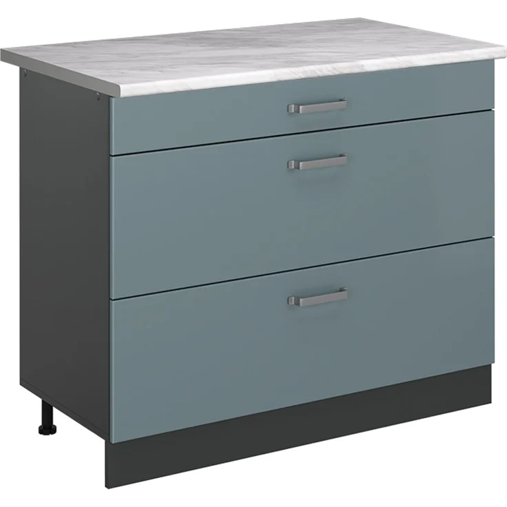Küchenunterschrank R-Line Blau-Grau/Anthrazit 100 cm Arbeitsplatte Marmor Vicco – Bild 1