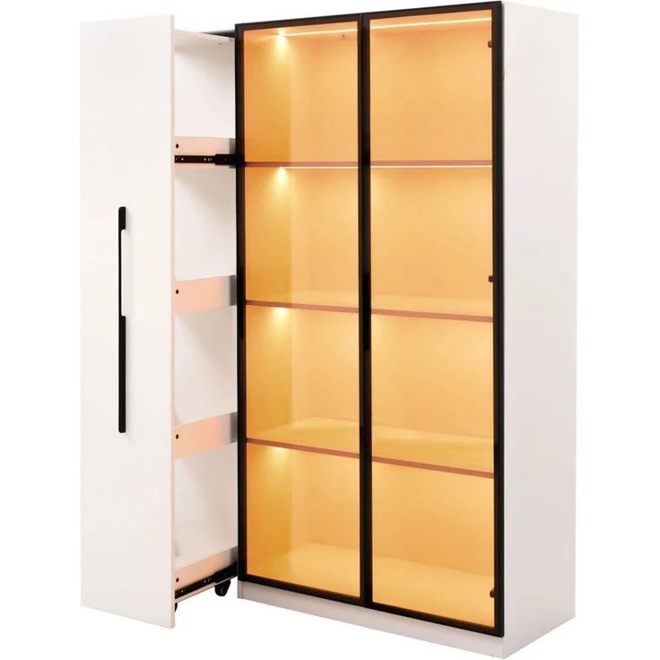 BlingBin Glasvitrine Standvitrine LED Glasvitrine 110x30x160 cm Schwarz aus MDF (1-St, mit Glasfront, ausziehbaren Regalen, Schubladen & Anti-Kipp) für Wohnzimmer/Küche/Büro – Bild 2