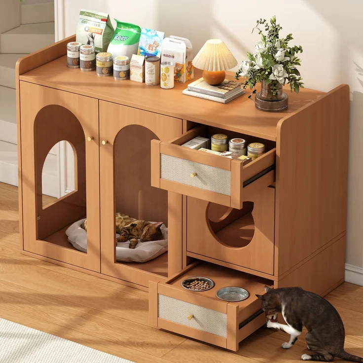 Mehrzweckiges Katzenhaus & Katzenkloschrank – haustiertierfreundlicher Beistellschrank mit Futterschalen, Katzenruheraum, Lagerbereich (ohne Katzenklo & Katzenkissen), Nussbaumfarben, 120x45x83 cm – Bild 7