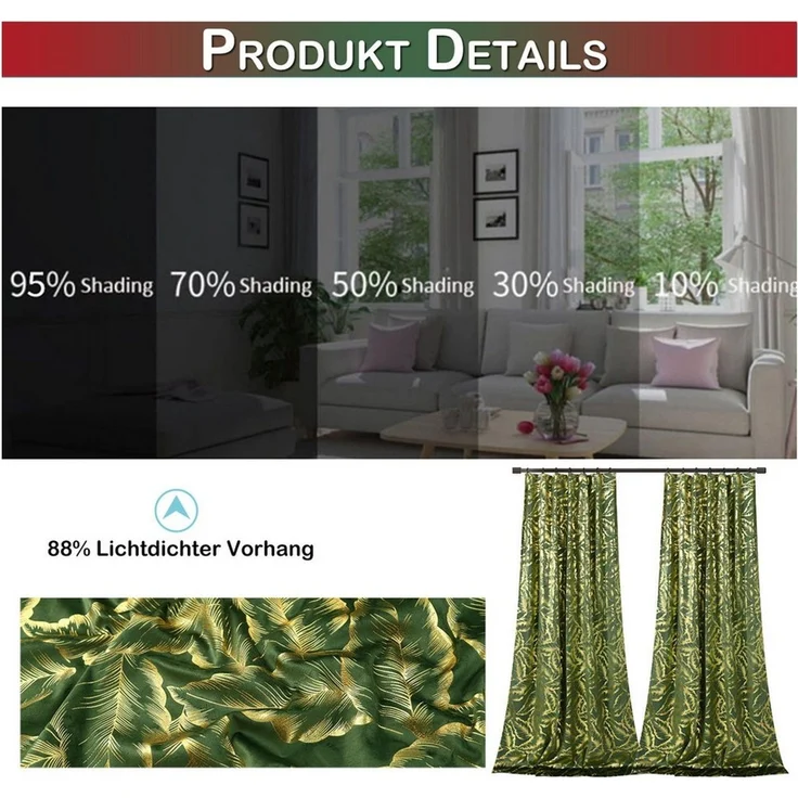 SERBASIC Gardine Goldenem Blättermuster Blickdichte Vorhänge, Thermovorhang Hitzeschutz (2 St), Multifunktionsband, Polyester, 2er Set Verdunklungsvorhänge mit Bindebändern und Innenfutter – Bild 4