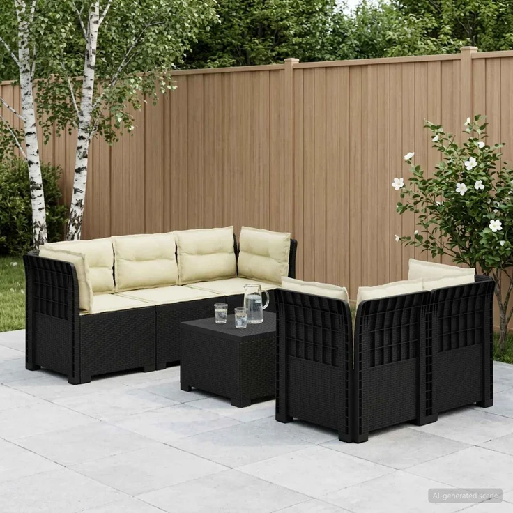 vidaXL 5-Sitzer Gartensofa mit Kissen Rattan-Look PP Anthrazit 3443906 – Bild 1