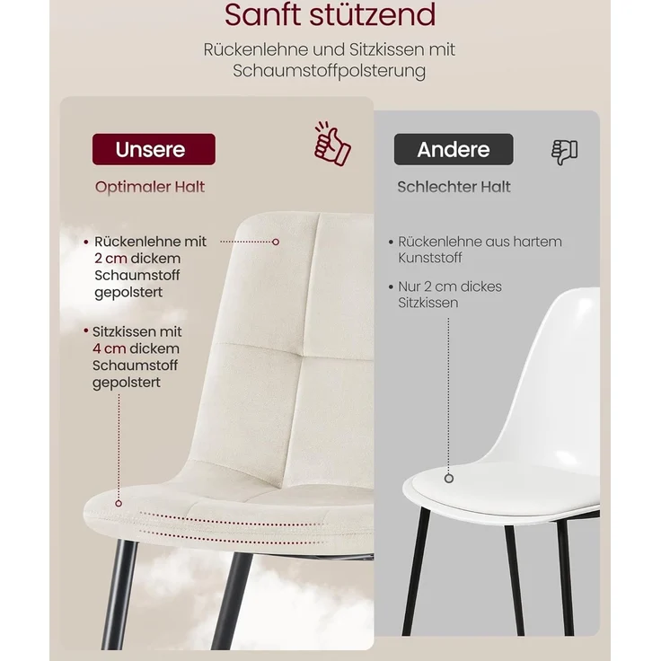 VASAGLE Küchenstühle gepolstert, Esszimmerstühle Samt, moderner Sessel mit verstellbaren Füßen, für Wohnzimmer, 4er Set, beige – Bild 6