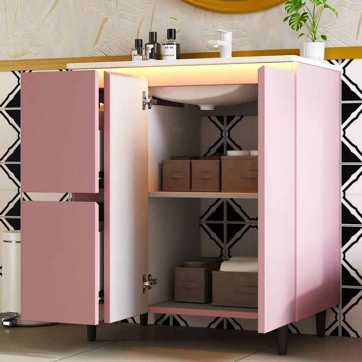 Waschtischunterschrank 76x47x89 cm in Rosa, mit Keramikbecken und LED-Sensorlicht – Bild 3