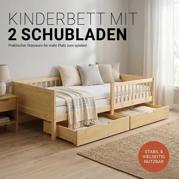 Kinderbett 90x200 cm mit Matratze 2 Bettkästen Rausfallschutz Holzbett Natur Einzelbett Gitterbett Holzbettrahmen – Bild 6