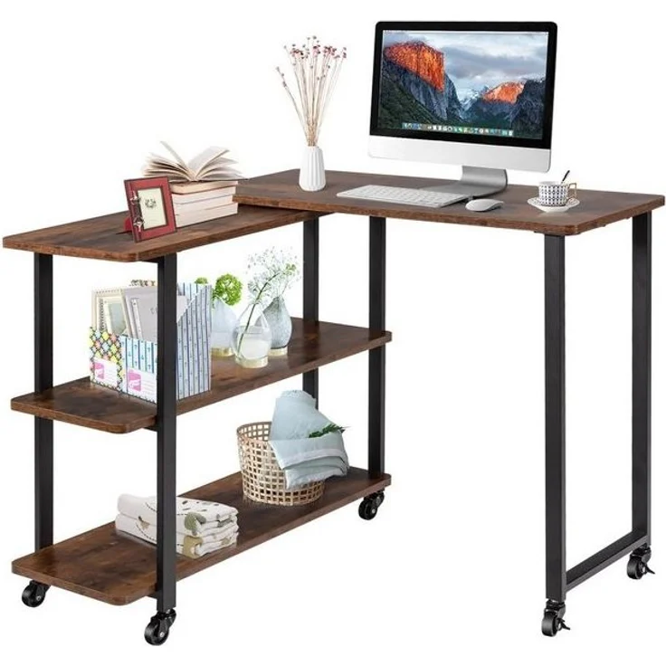 COSTWAY Schreibtisch, L-förmig, Beistelltisch mit Rollen & Ablagen, drehbar – Bild 4