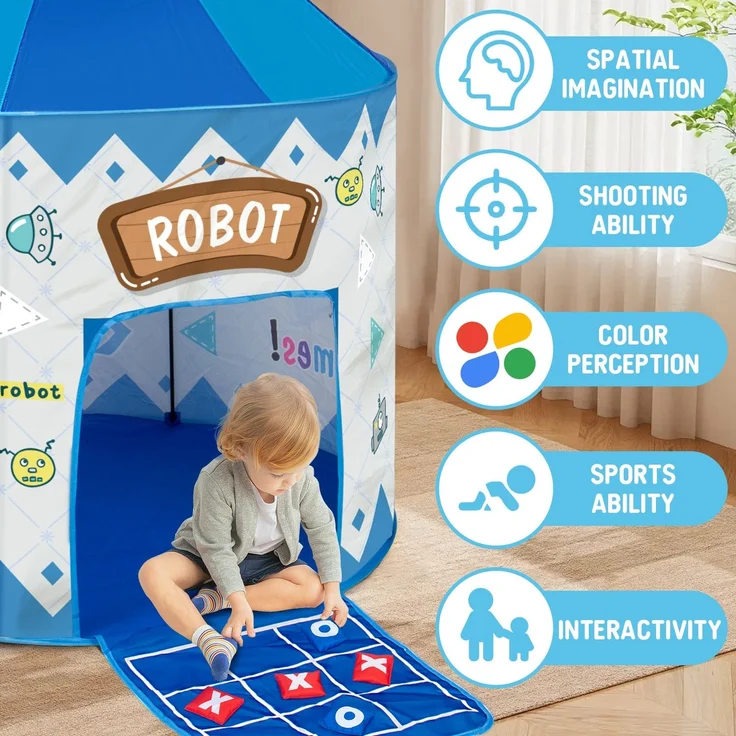 Leogreen Interaktive Spielzelt für Kinder, 4 in 1 Zelt Kinderzimmer, Roboter-Motiv mit Tic-Tac-Toe, Wurfbälle, Darts Spielen, und Tragetasche Spielzelt für kreative Entdeckung – Bild 2