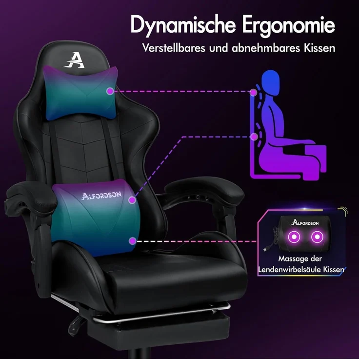 Gaming-Stuhl mit Massage und Fußstütze, 150° Neigung, höhenverstellbar – Bild 4