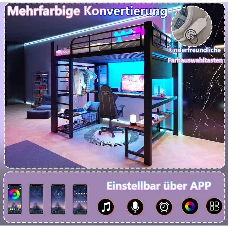 Merax Hochbett, Kinderbett 140×200cm, Jugendbett Gitter zum Aufhängen von Gegenständen, mit LED-Lichtleiste, Ohne Matratze, schwarz – Bild 6